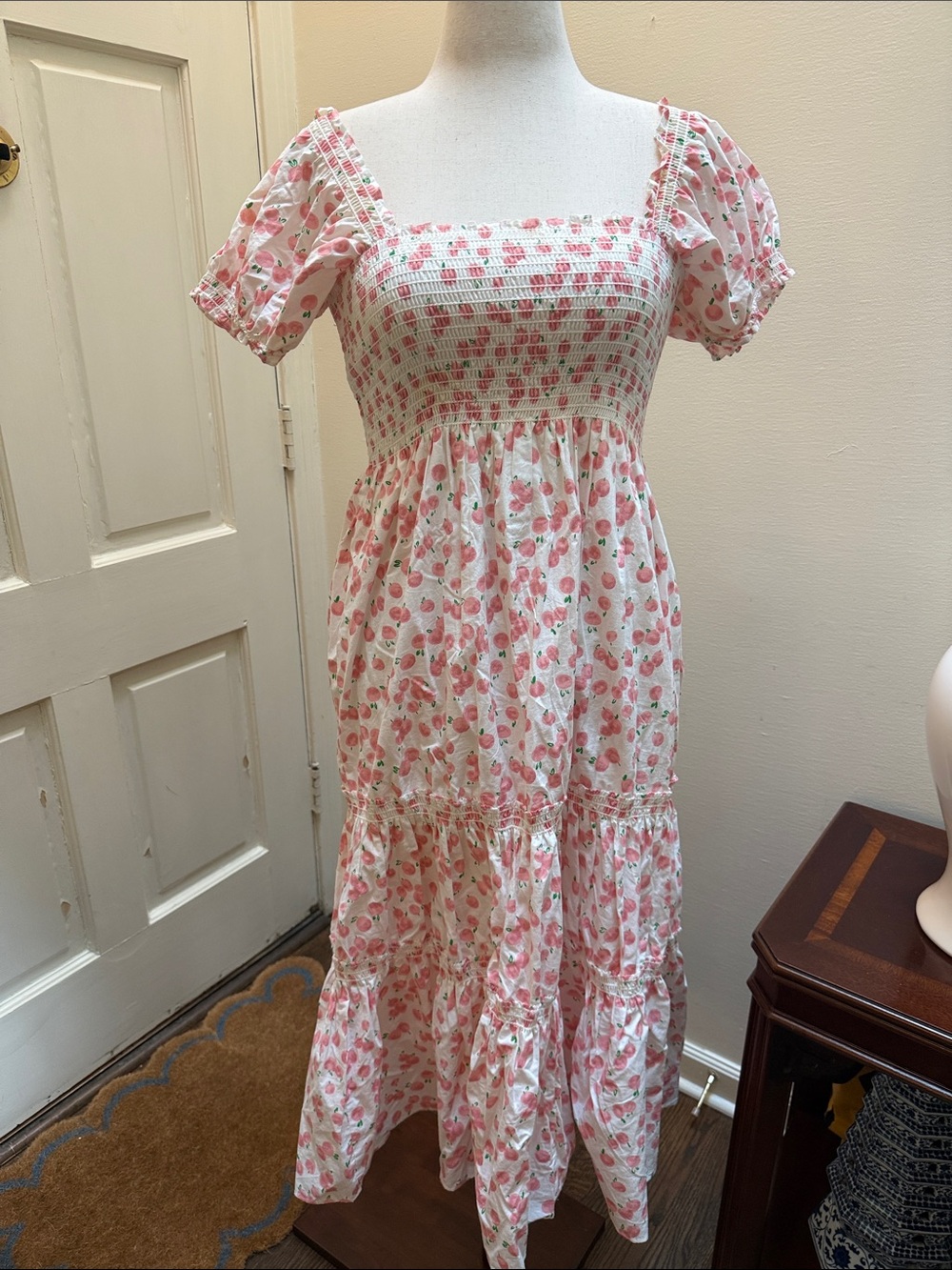 Pink peach-Print Smocked Maxi Dress with Puff Sleeves